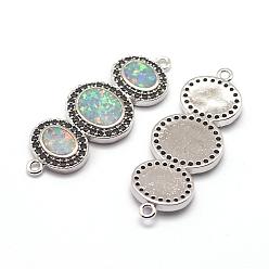 Platinum Brass Micro Pave Cubic Zirconia Links, with Synthetic Opal, Oval, Black, Platinum, 33x13x3mm, Hole: 1.5mm