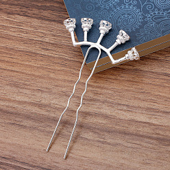 Silver Iron Hair Fork Findings, with Alloy Bead Cap, Flower, Silver, 55x17.5mm