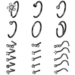 Electrophoresis Black 21Pcs 21 Style Clear Cubic Zirconia Flower & Flat Round & Heart Nose Studs & Rings Set, 304 Stainless Steel Nose Hoop & Fishtail & L-shape Nose Rings, Piercing Jewelry for Women, Electrophoresis Black, 9~9.5x5.5~9.5mm, Pin: 0.8mm, 1Pc/style