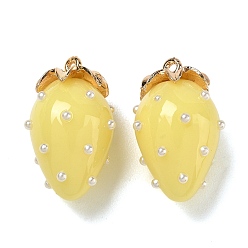Amarillo Colgantes de la resina, encanto de fresa, con la aleación, dorado, amarillo, 29x17.5x16 mm, agujero: 1.5 mm