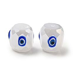 Blue Opaque Glass Beads, with Enamel, Faceted, Drum with Evil Eye Pattern, Blue, 10.5x10.5mm, Hole: 1.6mm