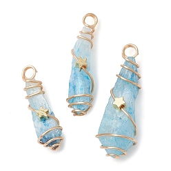 Light Sky Blue Electroplated Natural Quartz Crystal Dyed Copper Wire Wrapped Pendants, Teardrop Charms with Brass Star, Golden, Light Sky Blue, 28~39x8~12x8mm, Hole: 4mm