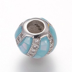 Sky Blue Brass Micro Pave Cubic Zirconia European Beads, Large Hole Beads, with Enamel and Freshwater Shell, Round, Platinum, Sky Blue, 10x8mm, Hole: 4mm