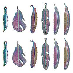 Rainbow Color DIY Pendant Jewelry Making Kit, Including 12Pcs 6 Style Rainbow Color Alloy & 304 Stainless Steel Pendants, Feather, 41~106x10~26x1.5~5mm, Hole: 1.6~6mm, 2Pcs/style