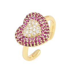 Orchid Heart Brass Micro Pave Cubic Zirconia Cuff Open Rings for Women, Cadmium Free & Lead Free, Rack Plating, Real 18K Gold Plated, Orchid, 18mm