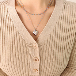 P661-Steel Color Necklace Vintage Double-layered Heart Pendant Necklace in Titanium Steel with 18K Plating