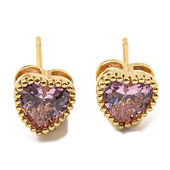 Pink Cubic Zirconia Heart Stud Earrings, Real 18K Gold Plated Brass Earrings, Cadmium Free & Lead Free, Pink, 7x7mm