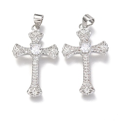 Real Platinum Plated Brass Micro Pave  Clear Cubic Zirconia Pendants, Cross, Real Platinum Plated, 31x18x4mm, Hole: 3x4mm