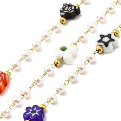 Real 18K Gold Plated Handmade Flower and Glass Pearl Beaded Chains, Ion Plating(IP) 316 Surgical Stainless Steel Chains, Soldered, with Spool, Real 18K Gold Plated, Round: 2.5~3mm, Flower: 6~8x3mm