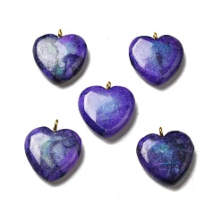Blue Violet Two Tone Natural Dolomite Dyed Pendants, Heart Charm, Golden, Blue Violet, 21.5x20x6mm, Hole: 2mm