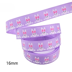 Lilac Easter Theme Polyester Grosgrain Ribbons, Printed Rabbit Pattern, Lilac, 5/8 inch(16mm), 10 yards/roll