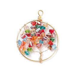 Colorful Electroplate Glass Pendants, with Real 18K Gold Plated Tone Eco-Friendly Copper Wire, Ring with Tree, Colorful, 47~50x38~39x5~6mm, Hole: 2.5~4.5mm