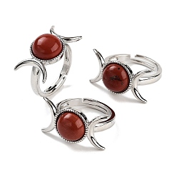 Красный Камень Регулируемые кольца из натуральной красной яшмы, Платиновые латунные кольца на палец с тройной луной для женщин и мужчин, размер США 7 1/4 (17.5 мм)