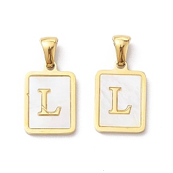 Letter L Ion Plating(IP) 304 Stainless Steel Pave Shell Pendants, Rectangle Charm, Real 18K Gold Plated, Letter L, 17.5x12x1.5mm, Hole: 3x5mm