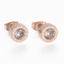 Rose Gold 304 Stainless Steel Stud Earrings, with Cubic Zirconia, Flat Round Carved Roman Numberals, Rose Gold, 8x3.5mm, Pin: 0.8mm