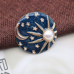 Star Marine Blue Flat Round Enamel Pin, Light Gold Plated Alloy Badge for Corsage Scarf Clothes, Star Pattern, 40mm