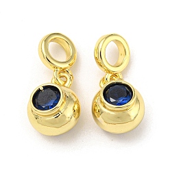 Prussian Blue Brass with Cubic Zirconia Pendant, Round, Prussian Blue, 23.5x11x9.5mm, Hole: 5mm