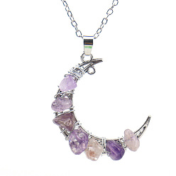 Amethyst Natural Amethyst Chips Crescent Moon Pendant Necklace, with Alloy Chains, 20.87 inch(53cm)