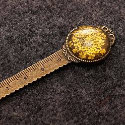 Gold Alloy Ruler Bookmark, Glass Cabochon Bookmark with Dried Queen Anne's Lace Flower Inside, Gold, 120mm