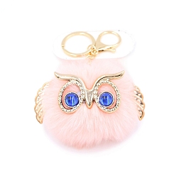 Seashell Color Cute Pompom Fluffy Owl Pendant Keychain, with Alloy Findings, for Woman Handbag Car Key Backpack Pendants, Seashell Color, 12x9cm