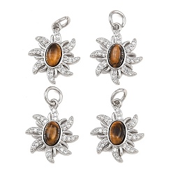 Платина Природных тигровый глаз подвески, подвески-солнца с латунными микропаве из прозрачных кубических цирконий, платина, 17x13.5x4 мм, отверстие : 3.5 мм