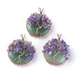 Green Aventurine Natural Green Aventurine & Amethyst Big Pendants, with Rose Gold Tone Brass Findings, Flat Round with Tree of Life, 58~61.5x44~48x14~16.5mm, Hole: 4~5x3.5~6mm