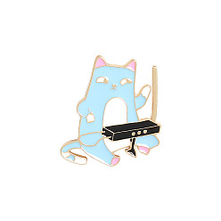 Light Sky Blue Cat with Musical Instrument Enamel Pin, Golden Plated Alloy Animal Badge for Backpack Clothes, Light Sky Blue, 31x29mm