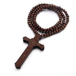 Brown Wood Cross Pendant Necklace with Round Beaded Chains for Men Women, Brown, 35.43 inch(90cm)