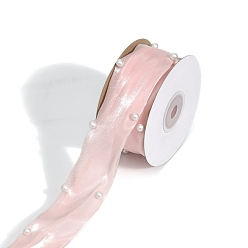 Pink 4.5M Polyester Ribbon, with Plastic Imitation Pearl, for DIY Veils Blushers Fascinators, Stage Set, Bowknot Making, Pink, 1-5/8 inch(40mm), about 4.92 Yards(4.5m)/Roll