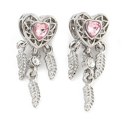 Платина Стойки с покрытием из сплава, проложить свет, падпараджа, стразы, сердце с перьями, европейские подвески с подвесками, Подвески с большими отверстиями, без кадмия, без никеля и без свинца, платина, 32.5x11.5x10.5 мм, отверстие : 4.7 мм