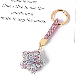 Light Rose PU Leather & Rhinestone Keychain, with Alloy Spring Gate Rings, Star, Light Rose, 13x4.5cm