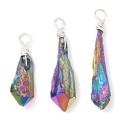 Silver Electroplated Raw Rough Natural Quartz Crystal Copper Wire Wrapped Pendants, Rainbow Plated Teardrop Charms, Silver, 27~34.5x7~8x4.5~6mm, Hole: 3.5mm