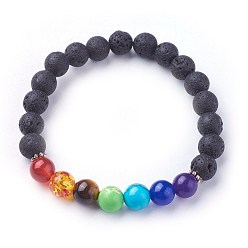 Mixed Stone Natural Lava Rock Beads Stretch Bracelets, with Natural & Synthetic Mixed Gemstone and Alloy Spacer Beads, Chakra, 2-1/8 inch~2-3/8 inch(5.5~6.05cm)