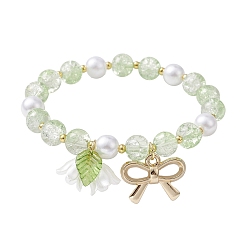Pale Green Imitation Pearl Glass & Acrylic Round Beaded Stretch Bracelets, with Alloy Bowknot Charms, Pale Green, Inner Diameter: 2 inch(5cm)