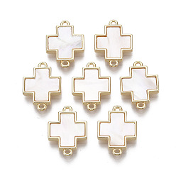 Seashell Color Brass Links, with Freshwater Shell, Nickel Free, Cross, Real 18k Gold Plated, Seashell Color, 18x12.5x3mm, Hole: 1.2mm