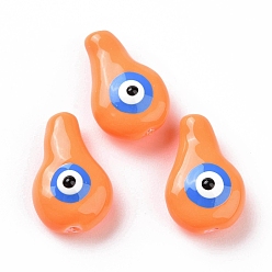 Dark Orange Enamel Beads, with ABS Plastic Imitation Pearl Inside, Teardrop with Evil Eye, Dark Orange, 18x11.5x9mm, Hole: 0.9mm