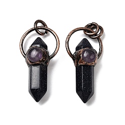 Синий Драгоценный Камень Подвески из натурального аметиста и синтетического синего авантюрина, подвески-пули с двумя концами в форме заостренных граней и латунными соединительными кольцами, без кадмия и без свинца, Красная медь, 37.5~38.5x19x12~13 мм, отверстие : 6 мм