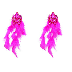 Rose pink Exaggerated Alloy Inlaid Rhinestone Flower Long Feather Tassel Earrings for Women Bohemian Artistic Chic Ear Jewelry