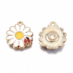 White Eco-Friendly Alloy Enamel Pendants, Cadmium Free & Lead Free & Nickel Free, Light Gold, Flower with Beetle, White, 18.5x17x3mm, Hole: 1.5mm