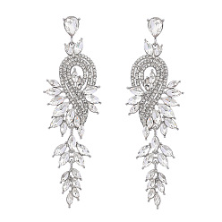 Crystal Sparkling Rhinestone Leafy Branch Dangle Stud Earrings, Platinum Alloy Long Drop Earrings for Women, Crystal, 95x30mm