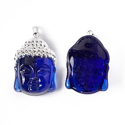 Silver Medium Blue Glass Pendants, with Rack Plating Brass Findings, Buddha Head, Silver, 38.5x26x15.5mm, Hole: 4.5x6.5mm