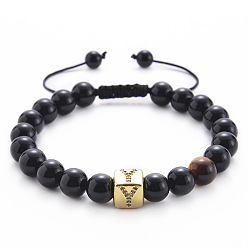 Y Square Gemstone Letter Bracelet with Natural Agate and Tiger Eye Beads - A to Z Alphabet Design