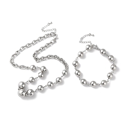 Platinum Rack Plating Brass Graduated Beaded Necklaces & Round Ball Link Chain Bracelets, Jewelry Set, Lead Free & Cadmium Free, Platinum, Necklaces: 18-1/8 inch(46cm), Bracelets: 8-1/8 inch(20.5cm)