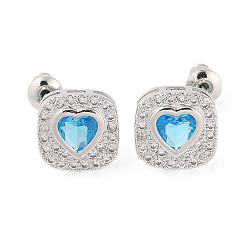 Light Sky Blue Rack Plating Brass Micro Pave Cubic Zirconia Stud Earrings, Long-lasting Plated, Square with Heart, Light Sky Blue, 13x13mm