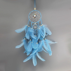 Light Sky Blue Iron Woven Net/Web with Feather Pendant Decotations, with Dyed Feather & Wood Beads, & Faux Suede Cord, Wall Hanging Ornament for Car, Home Decor, Flat Round with Flower, Light Sky Blue, 500mm, Ring: 110mm in diameter