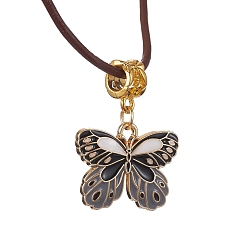 Black Alloy Enamel Butterfly Pendant Necklaces, with Cowhide Leather Cord, Black, 19.61~19.80 inch(49.8~50.3cm)
