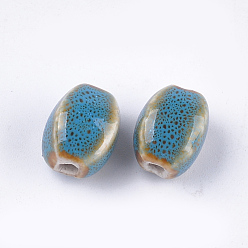 Deep Sky Blue Handmade Porcelain Beads, Fancy Antique Glazed Porcelain, Oval, Deep Sky Blue, 12~14x9~10.5x9~11mm, Hole: 2.5mm
