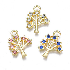 Mixed Color Alloy Pendants, with Rhinestone, Cadmium Free & Nickel Free & Lead Free, Tree of Life, Light Gold, Mixed Color, 20x15x2mm, Hole: 2mm