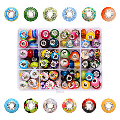 Mixed Color Acrylic European Beads, Large Hole Beads, with Silver Color Plated Brass Double Cores, Rondelle, Mixed Color, Beads: 13.5~14x8~10mm, Hole: 5mm, 96pcs/box