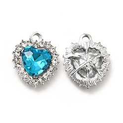Deep Sky Blue Alloy Glass Pendants, Crystal Rhinestone Heart Charm, Platinum, Deep Sky Blue, 19x16x5.8mm, Hole: 2mm